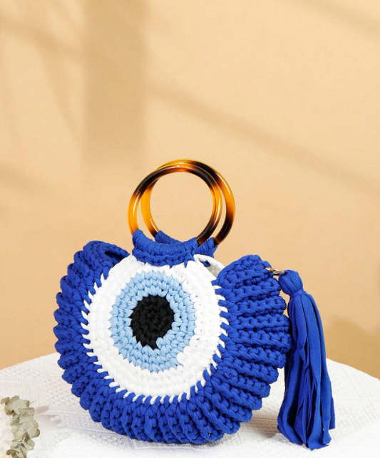 Bamboo Handle Crochet Knit Handbag