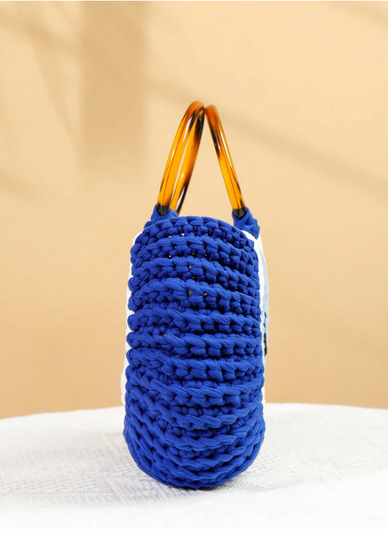 Bamboo Handle Crochet Knit Handbag